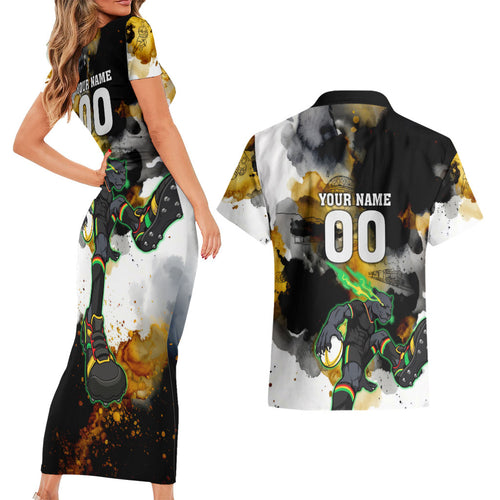 Personalised Penrith Panthers 1967-2026 Couples Matching Short Sleeve Bodycon Dress and Hawaiian Shirt Panther Mascot 60th Anniversary - Watercolor Splash Art
