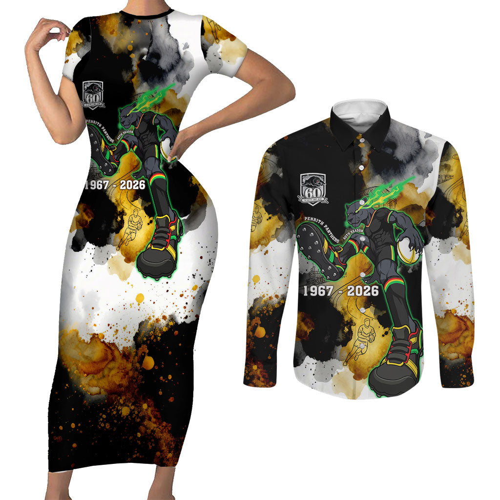 Personalised Penrith Panthers 1967-2026 Couples Matching Short Sleeve Bodycon Dress and Long Sleeve Button Shirt Panther Mascot 60th Anniversary - Watercolor Splash Art