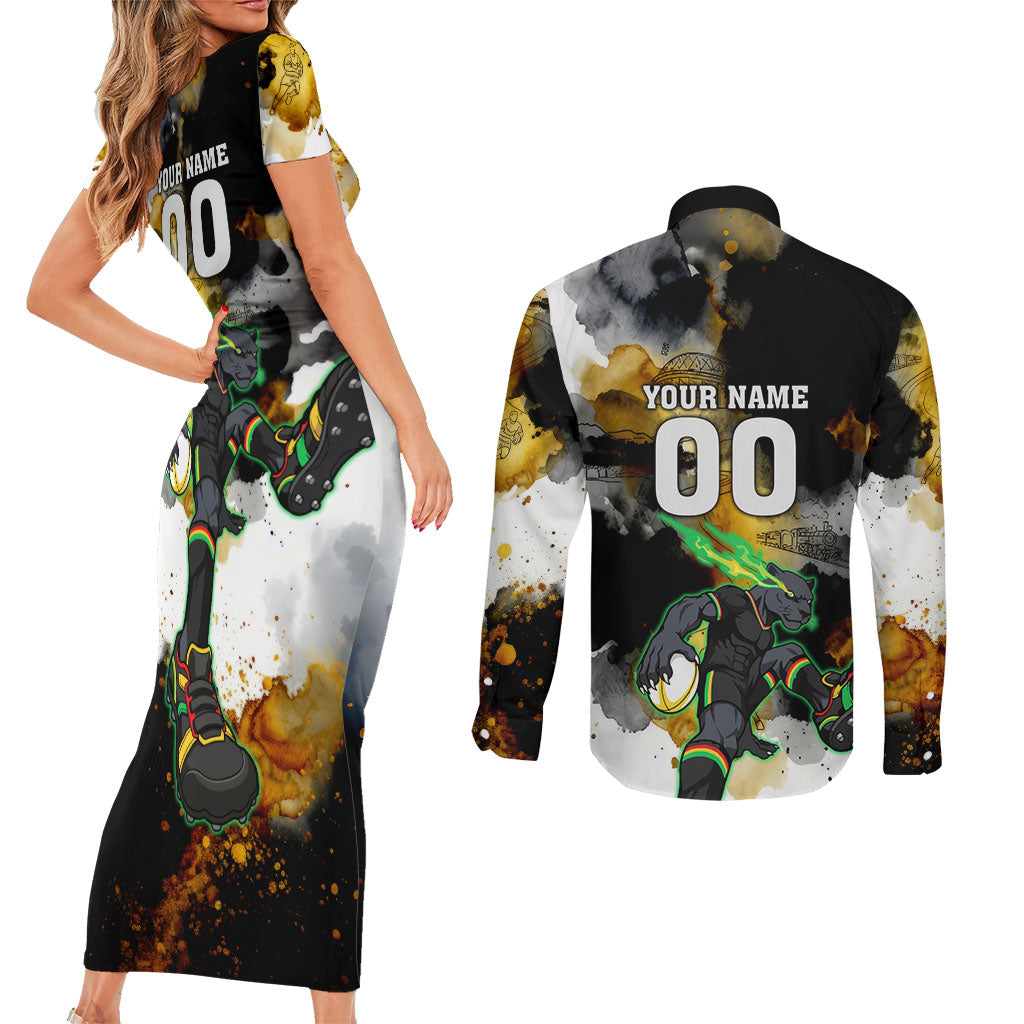 Personalised Penrith Panthers 1967-2026 Couples Matching Short Sleeve Bodycon Dress and Long Sleeve Button Shirt Panther Mascot 60th Anniversary - Watercolor Splash Art