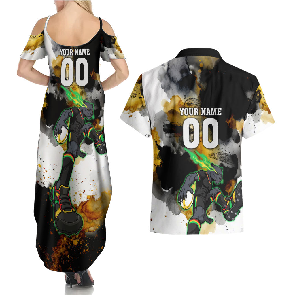 Personalised Penrith Panthers 1967-2026 Couples Matching Summer Maxi Dress and Hawaiian Shirt Panther Mascot 60th Anniversary - Watercolor Splash Art