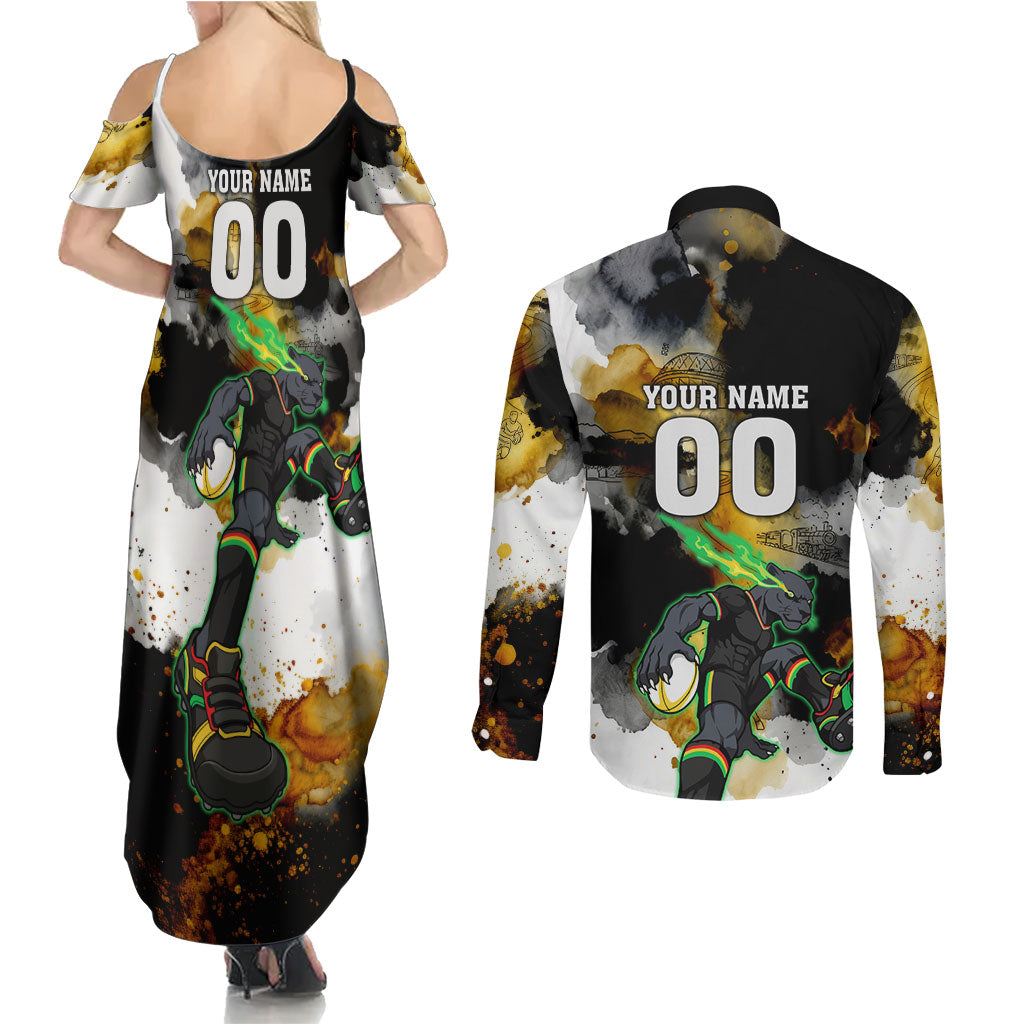Personalised Penrith Panthers 1967-2026 Couples Matching Summer Maxi Dress and Long Sleeve Button Shirt Panther Mascot 60th Anniversary - Watercolor Splash Art