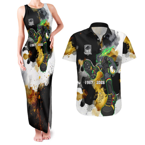 Personalised Penrith Panthers 1967-2026 Couples Matching Tank Maxi Dress and Hawaiian Shirt Panther Mascot 60th Anniversary - Watercolor Splash Art