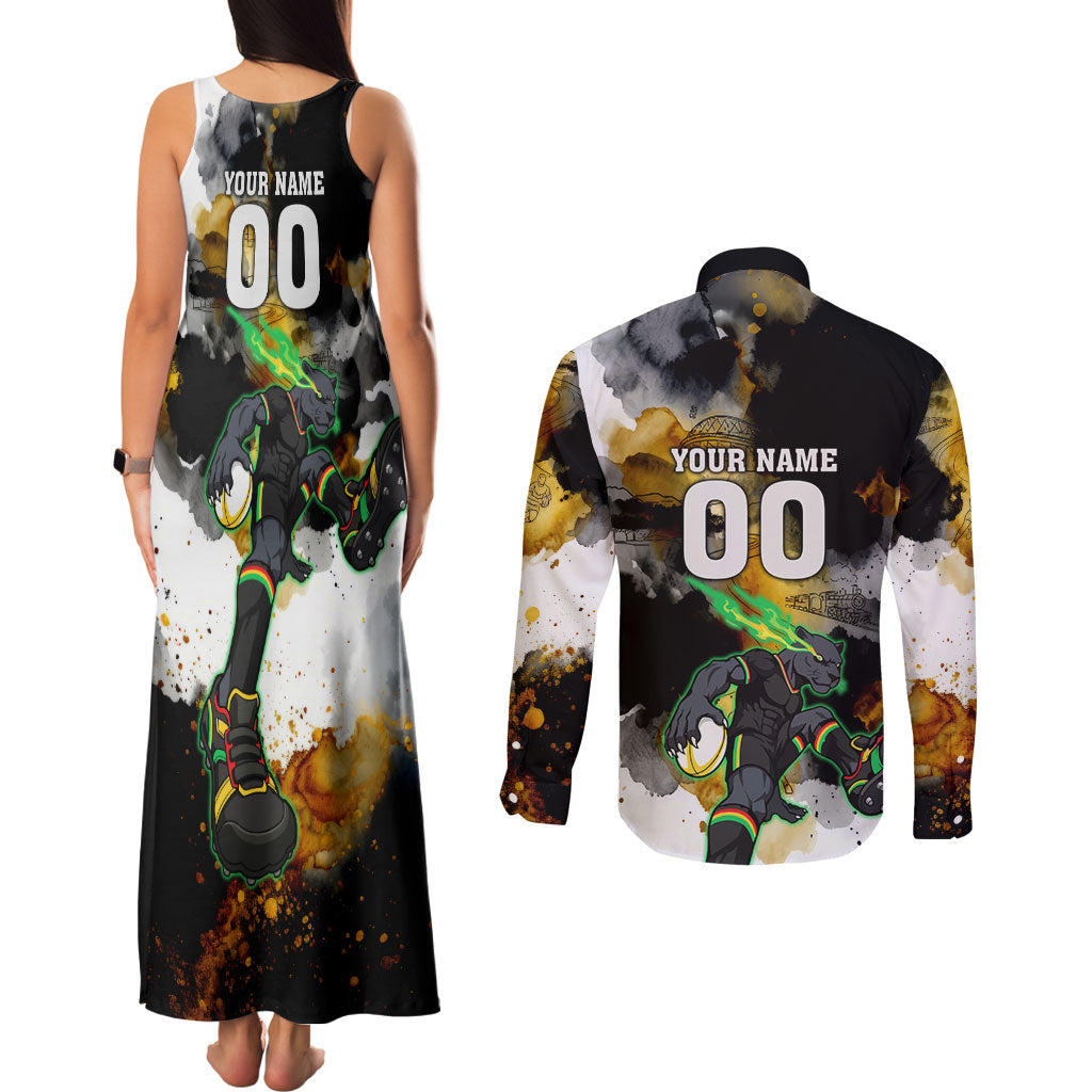 Personalised Penrith Panthers 1967-2026 Couples Matching Tank Maxi Dress and Long Sleeve Button Shirt Panther Mascot 60th Anniversary - Watercolor Splash Art