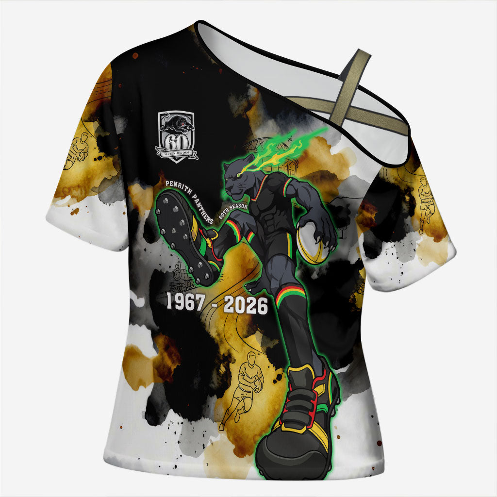 Personalised Penrith Panthers 1967-2026 Cross Shoulder Shirt Panther Mascot 60th Anniversary - Watercolor Splash Art
