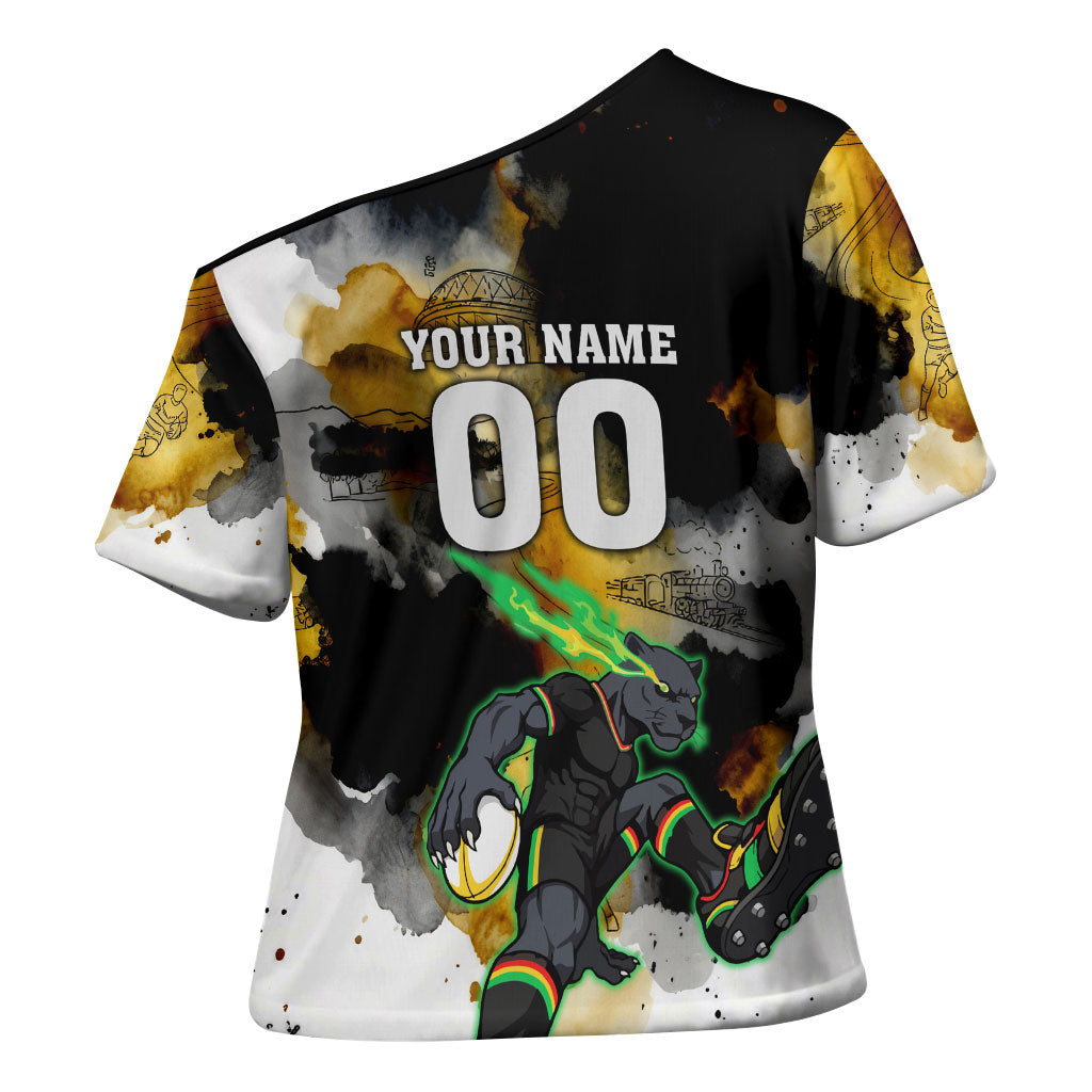 Personalised Penrith Panthers 1967-2026 Cross Shoulder Shirt Panther Mascot 60th Anniversary - Watercolor Splash Art