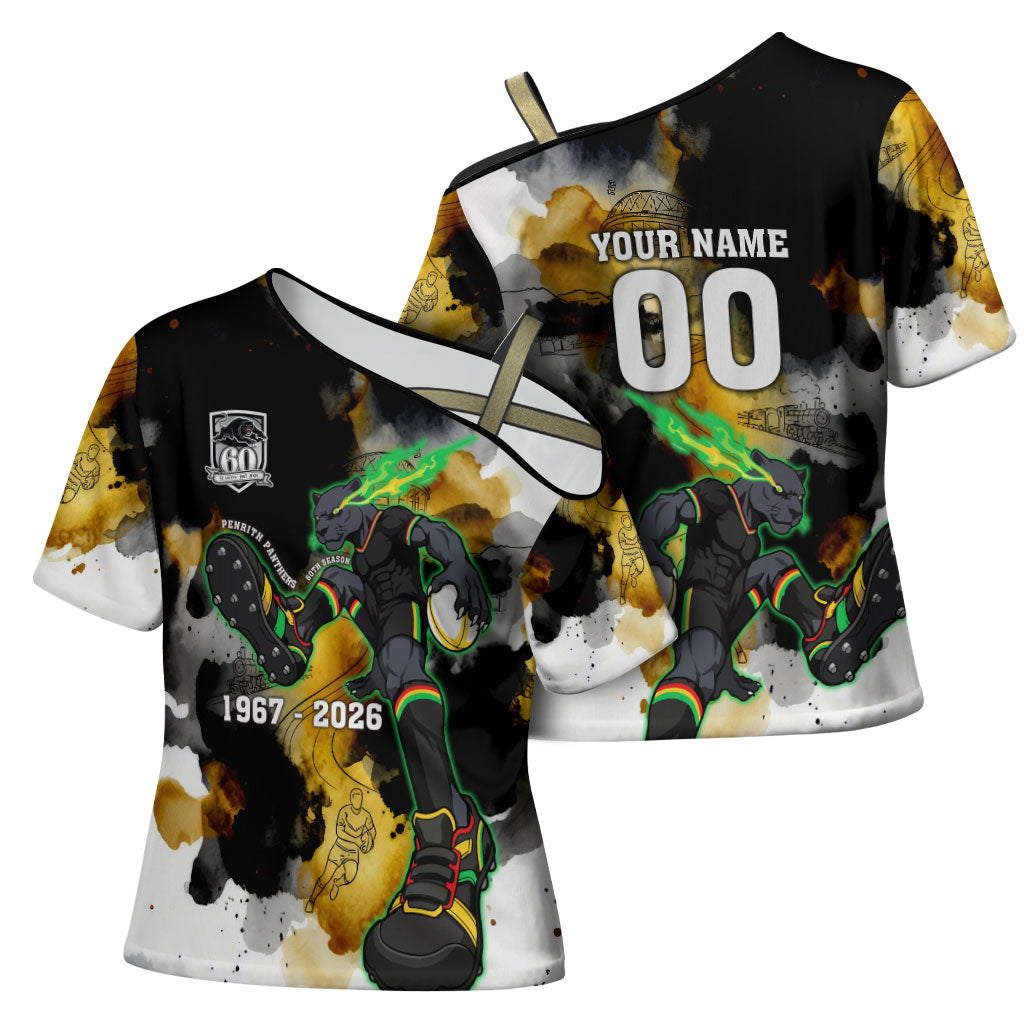 Personalised Penrith Panthers 1967-2026 Cross Shoulder Shirt Panther Mascot 60th Anniversary - Watercolor Splash Art