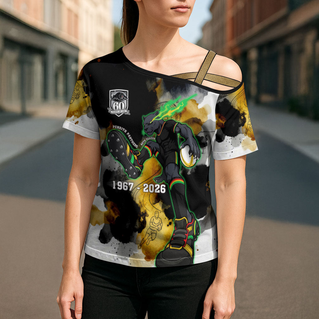 Personalised Penrith Panthers 1967-2026 Cross Shoulder Shirt Panther Mascot 60th Anniversary - Watercolor Splash Art