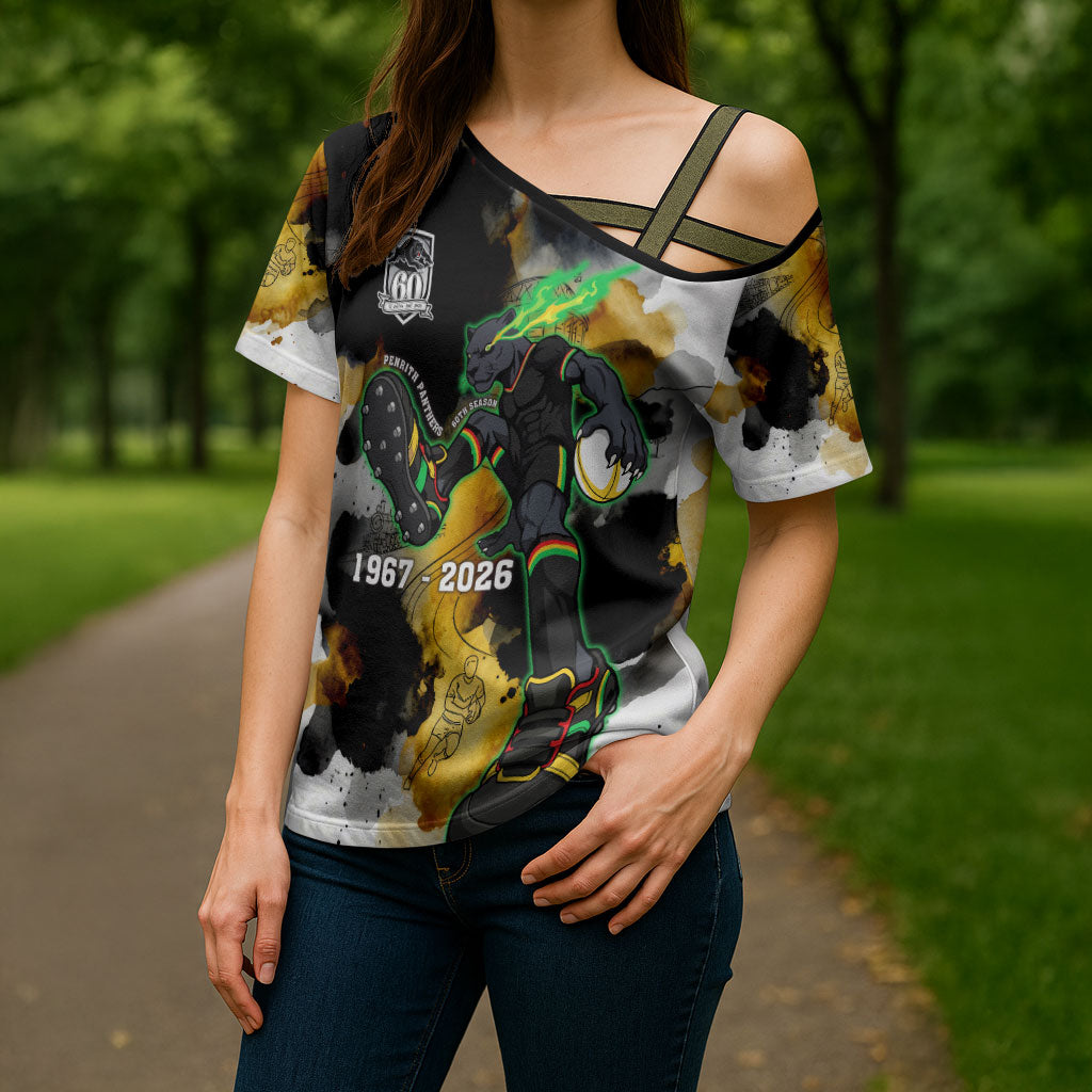 Personalised Penrith Panthers 1967-2026 Cross Shoulder Shirt Panther Mascot 60th Anniversary - Watercolor Splash Art