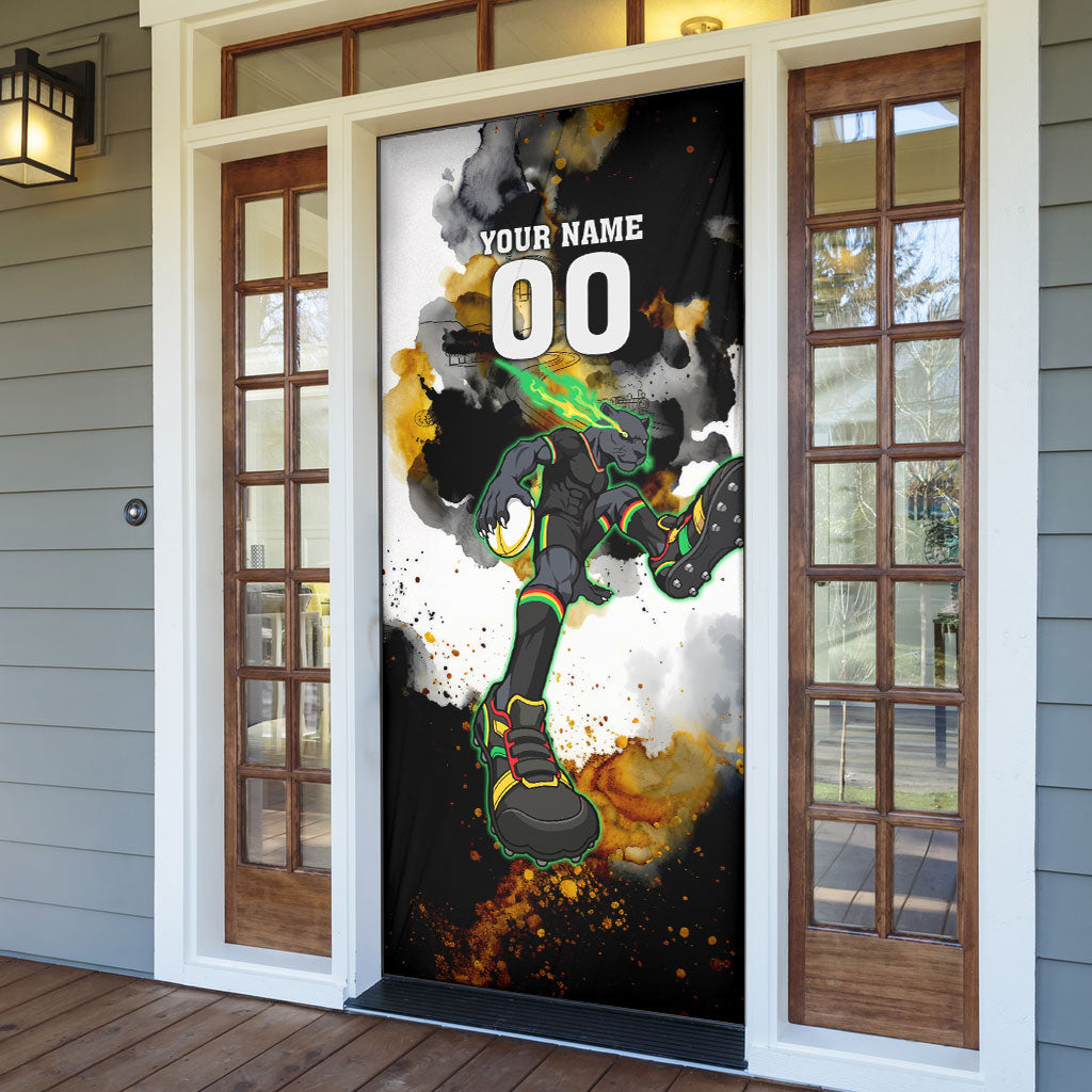 Personalised Penrith Panthers 1967-2026 Door Cover Panther Mascot 60th Anniversary - Watercolor Splash Art
