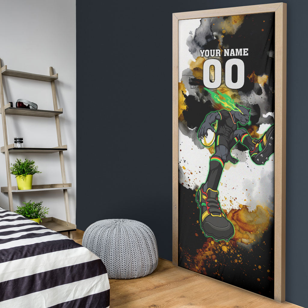Personalised Penrith Panthers 1967-2026 Door Cover Panther Mascot 60th Anniversary - Watercolor Splash Art