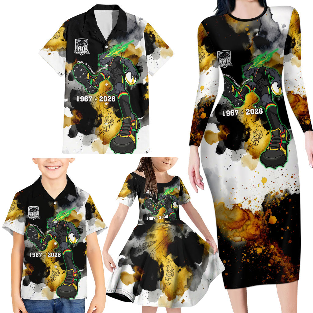 Personalised Penrith Panthers 1967-2026 Family Matching Long Sleeve Bodycon Dress and Hawaiian Shirt Panther Mascot 60th Anniversary - Watercolor Splash Art