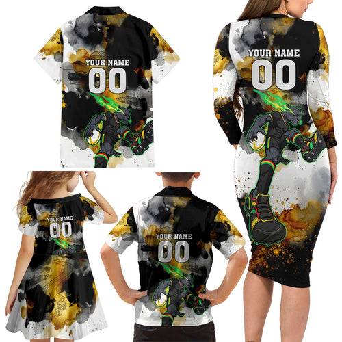 Personalised Penrith Panthers 1967-2026 Family Matching Long Sleeve Bodycon Dress and Hawaiian Shirt Panther Mascot 60th Anniversary - Watercolor Splash Art