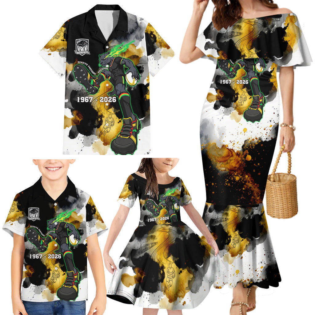 Personalised Penrith Panthers 1967-2026 Family Matching Mermaid Dress and Hawaiian Shirt Panther Mascot 60th Anniversary - Watercolor Splash Art