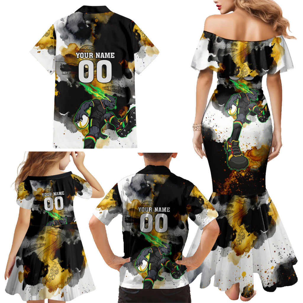 Personalised Penrith Panthers 1967-2026 Family Matching Mermaid Dress and Hawaiian Shirt Panther Mascot 60th Anniversary - Watercolor Splash Art