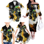 Personalised Penrith Panthers 1967-2026 Family Matching Off The Shoulder Long Sleeve Dress and Hawaiian Shirt Panther Mascot 60th Anniversary - Watercolor Splash Art