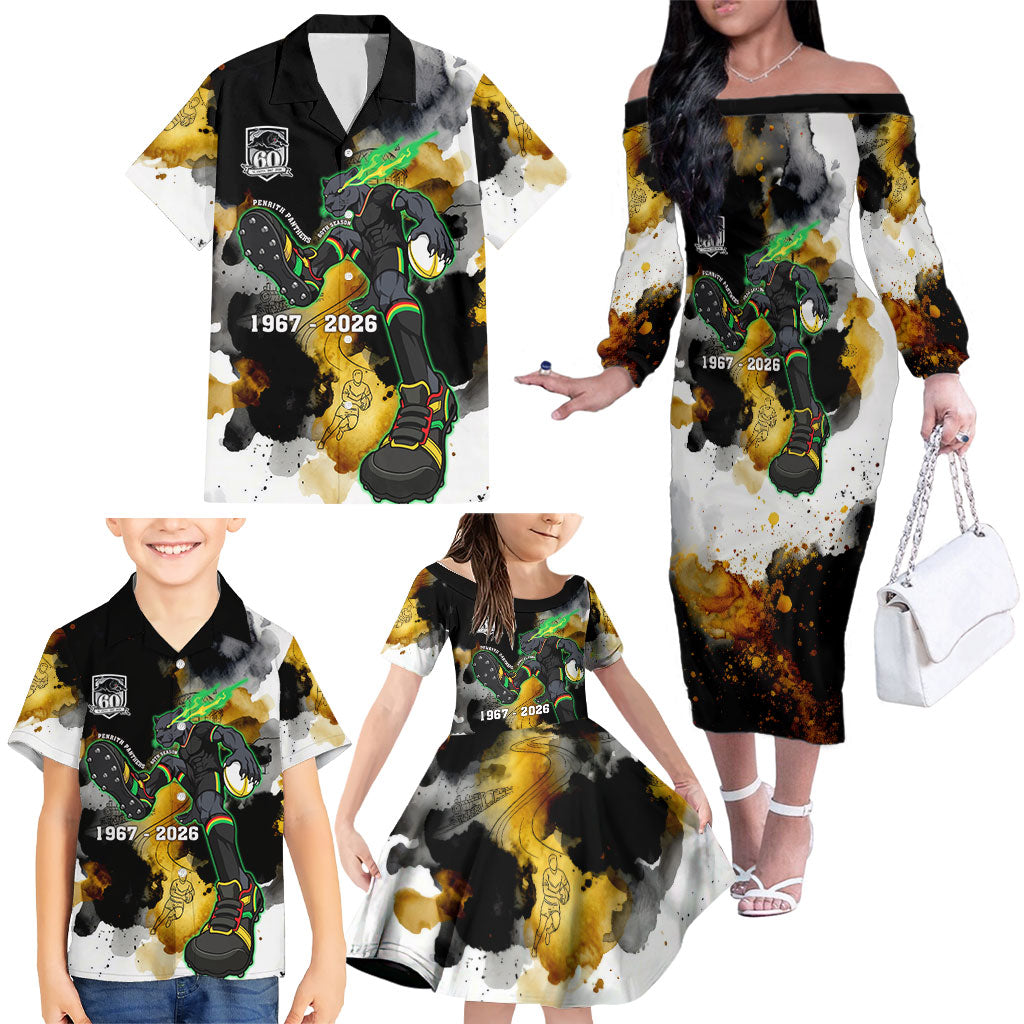 Personalised Penrith Panthers 1967-2026 Family Matching Off The Shoulder Long Sleeve Dress and Hawaiian Shirt Panther Mascot 60th Anniversary - Watercolor Splash Art