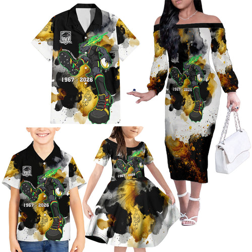 Personalised Penrith Panthers 1967-2026 Family Matching Off The Shoulder Long Sleeve Dress and Hawaiian Shirt Panther Mascot 60th Anniversary - Watercolor Splash Art