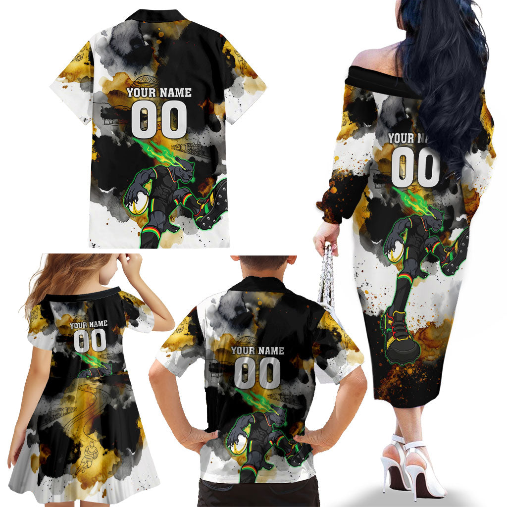 Personalised Penrith Panthers 1967-2026 Family Matching Off The Shoulder Long Sleeve Dress and Hawaiian Shirt Panther Mascot 60th Anniversary - Watercolor Splash Art