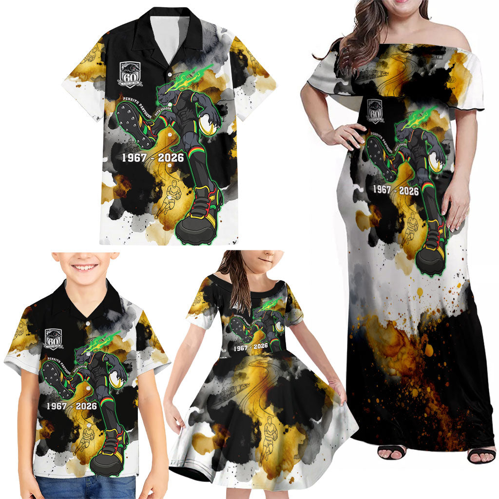 Personalised Penrith Panthers 1967-2026 Family Matching Off Shoulder Maxi Dress and Hawaiian Shirt Panther Mascot 60th Anniversary - Watercolor Splash Art