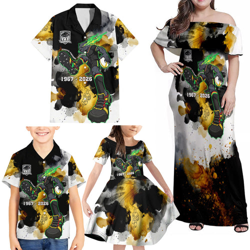 Personalised Penrith Panthers 1967-2026 Family Matching Off Shoulder Maxi Dress and Hawaiian Shirt Panther Mascot 60th Anniversary - Watercolor Splash Art