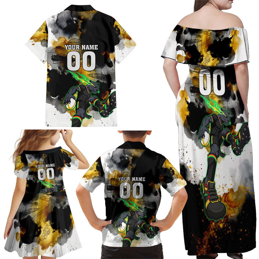 Personalised Penrith Panthers 1967-2026 Family Matching Off Shoulder Maxi Dress and Hawaiian Shirt Panther Mascot 60th Anniversary - Watercolor Splash Art