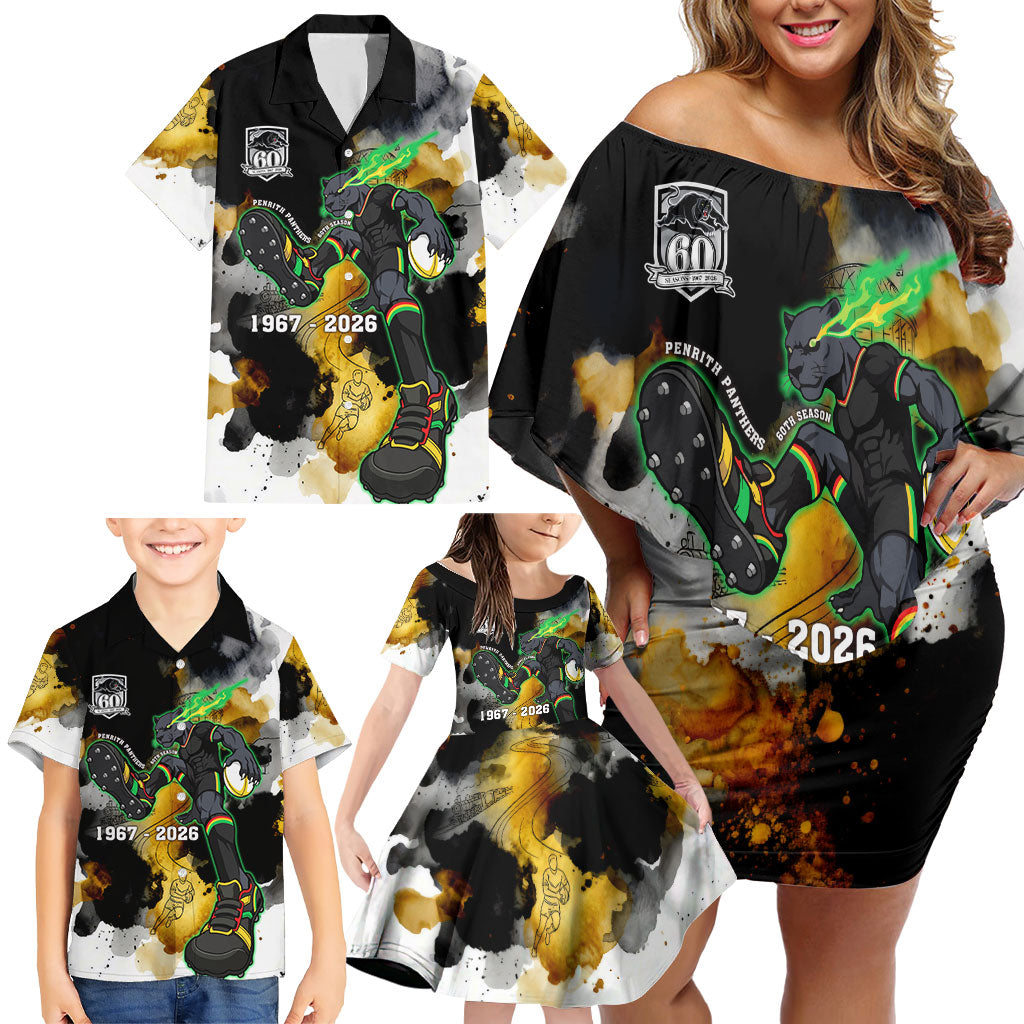 Personalised Penrith Panthers 1967-2026 Family Matching Off Shoulder Short Dress and Hawaiian Shirt Panther Mascot 60th Anniversary - Watercolor Splash Art
