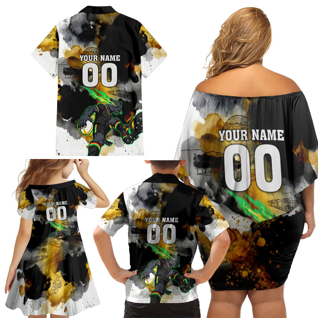 Personalised Penrith Panthers 1967-2026 Family Matching Off Shoulder Short Dress and Hawaiian Shirt Panther Mascot 60th Anniversary - Watercolor Splash Art