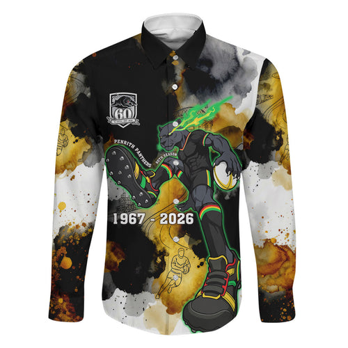 Personalised Penrith Panthers 1967-2026 Family Matching Off Shoulder Short Dress and Hawaiian Shirt Panther Mascot 60th Anniversary - Watercolor Splash Art