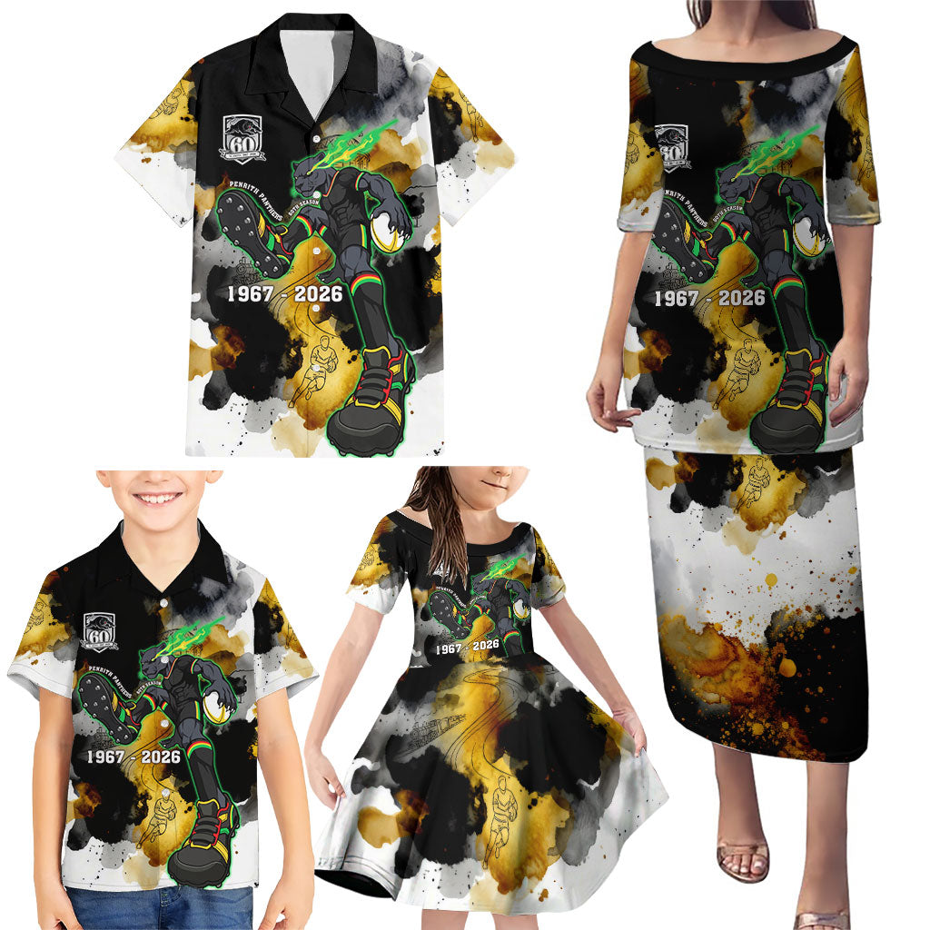 Personalised Penrith Panthers 1967-2026 Family Matching Puletasi and Hawaiian Shirt Panther Mascot 60th Anniversary - Watercolor Splash Art