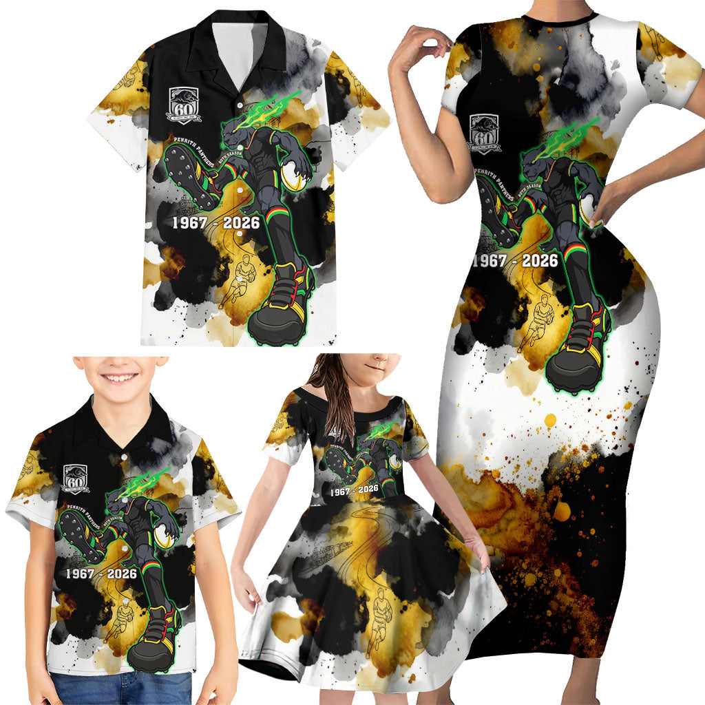 Personalised Penrith Panthers 1967-2026 Family Matching Short Sleeve Bodycon Dress and Hawaiian Shirt Panther Mascot 60th Anniversary - Watercolor Splash Art