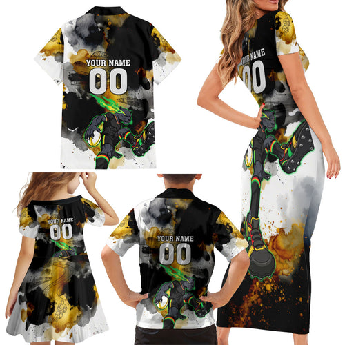 Personalised Penrith Panthers 1967-2026 Family Matching Short Sleeve Bodycon Dress and Hawaiian Shirt Panther Mascot 60th Anniversary - Watercolor Splash Art