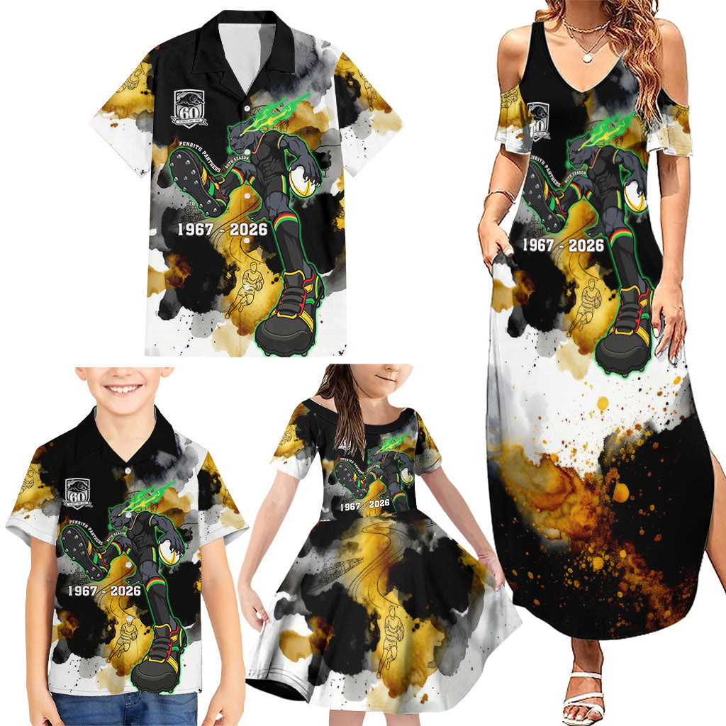 Personalised Penrith Panthers 1967-2026 Family Matching Summer Maxi Dress and Hawaiian Shirt Panther Mascot 60th Anniversary - Watercolor Splash Art
