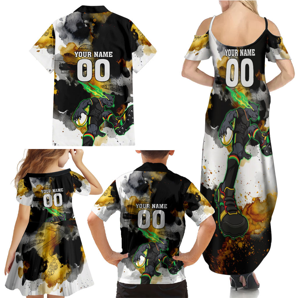 Personalised Penrith Panthers 1967-2026 Family Matching Summer Maxi Dress and Hawaiian Shirt Panther Mascot 60th Anniversary - Watercolor Splash Art