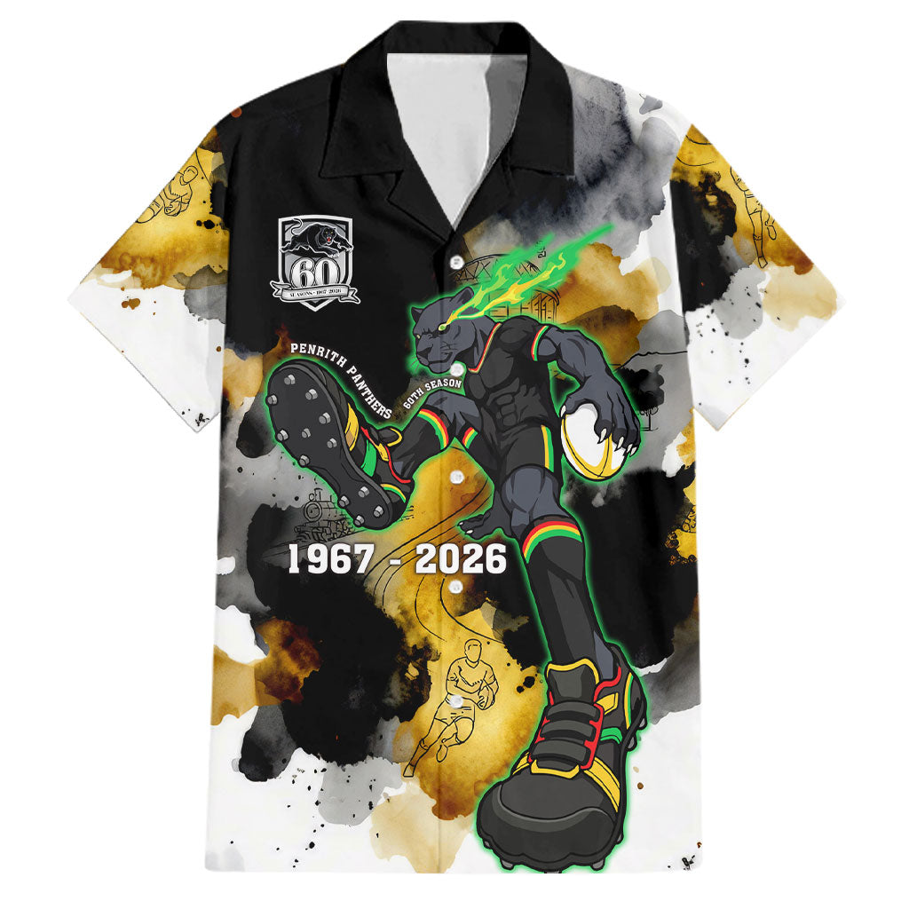 Personalised Penrith Panthers 1967-2026 Family Matching Summer Maxi Dress and Hawaiian Shirt Panther Mascot 60th Anniversary - Watercolor Splash Art