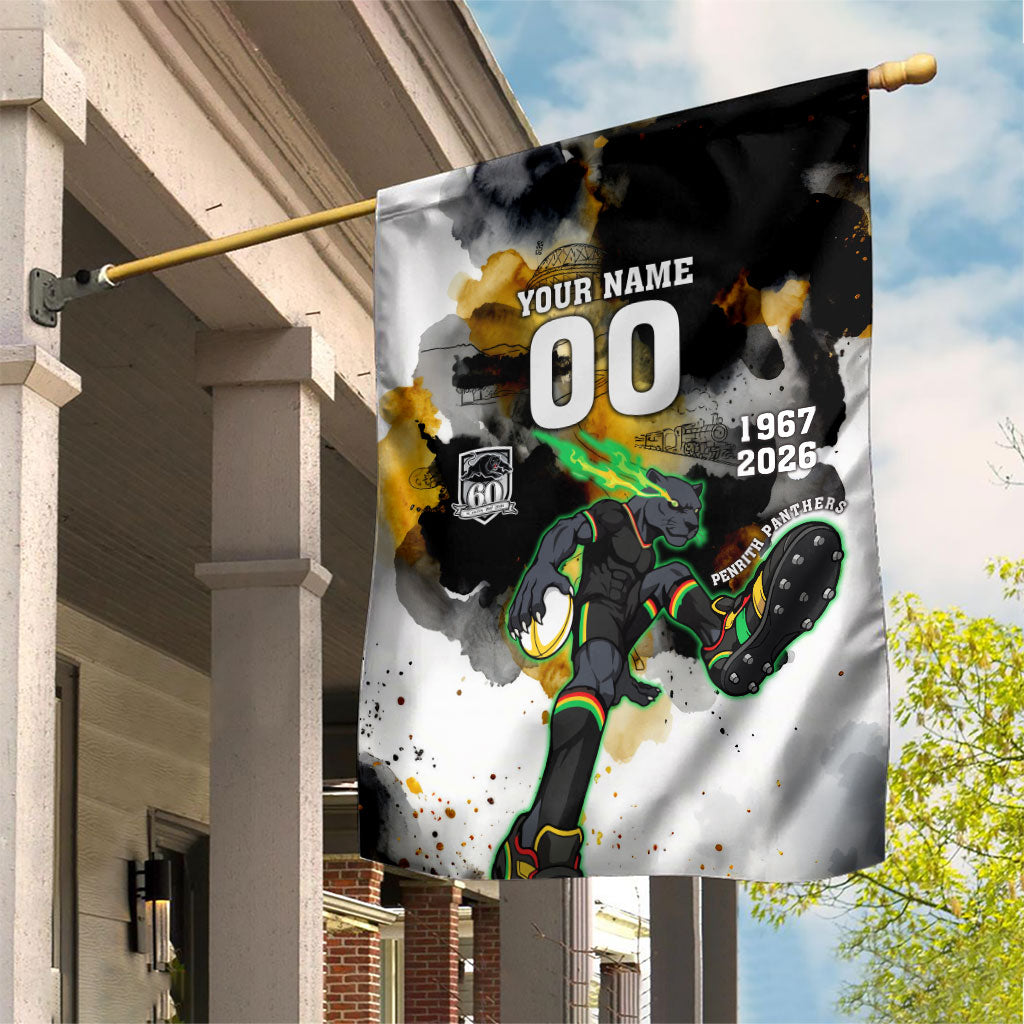 Personalised Penrith Panthers 1967-2026 Garden Flag Panther Mascot 60th Anniversary - Watercolor Splash Art