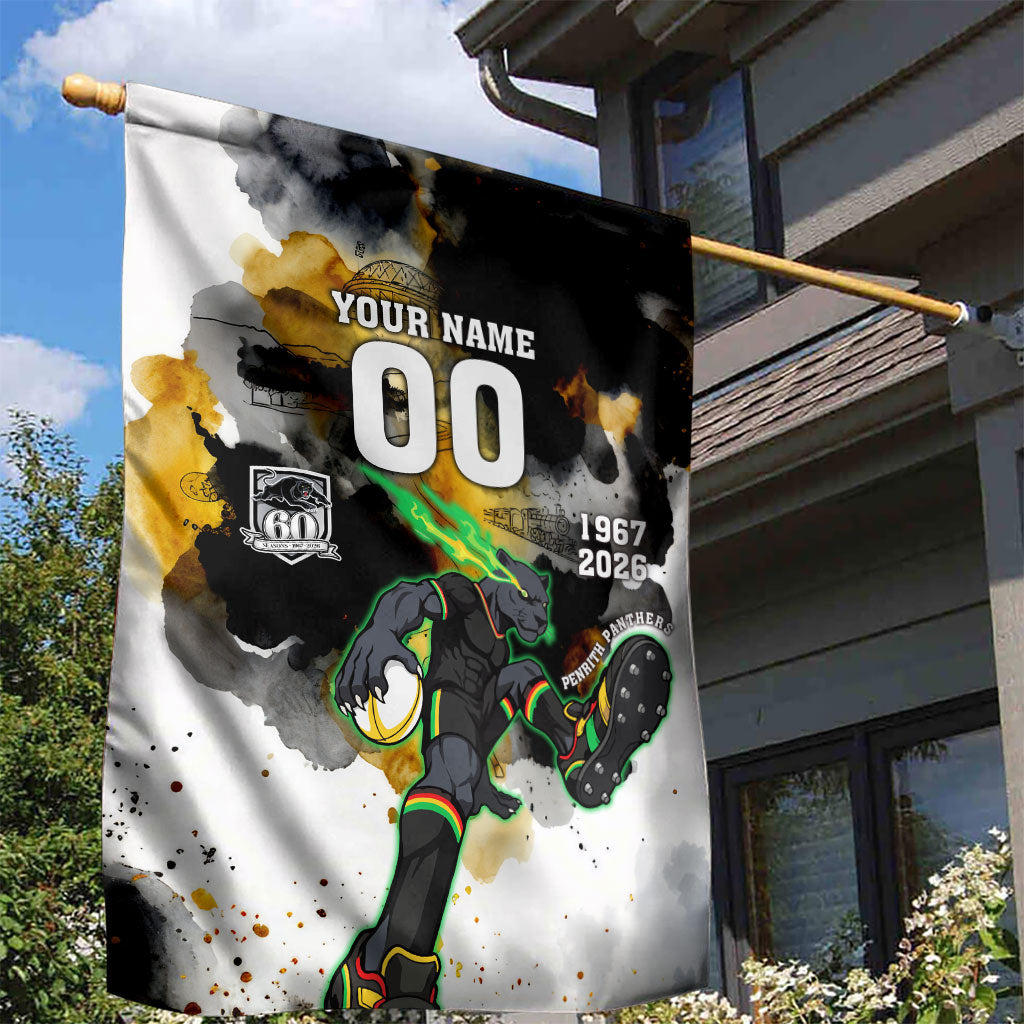 Personalised Penrith Panthers 1967-2026 Garden Flag Panther Mascot 60th Anniversary - Watercolor Splash Art