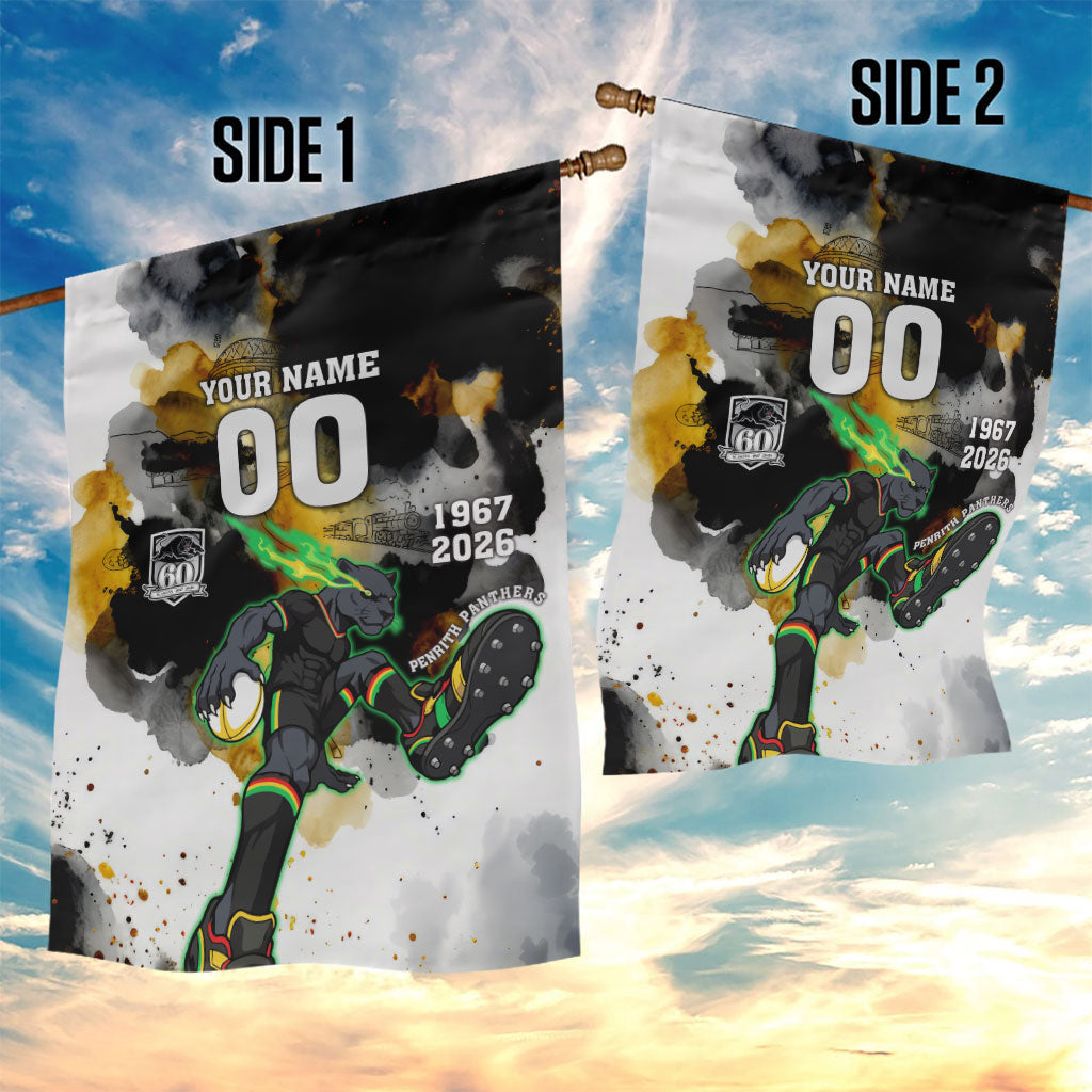 Personalised Penrith Panthers 1967-2026 Garden Flag Panther Mascot 60th Anniversary - Watercolor Splash Art