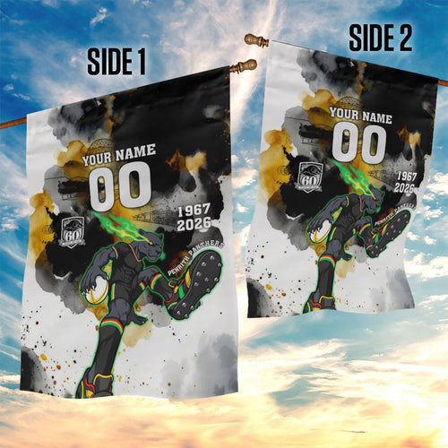 Personalised Penrith Panthers 1967-2026 Garden Flag Panther Mascot 60th Anniversary - Watercolor Splash Art