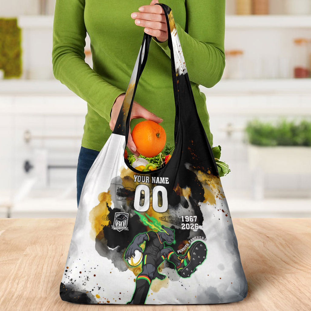Personalised Penrith Panthers 1967-2026 Grocery Bag Panther Mascot 60th Anniversary - Watercolor Splash Art