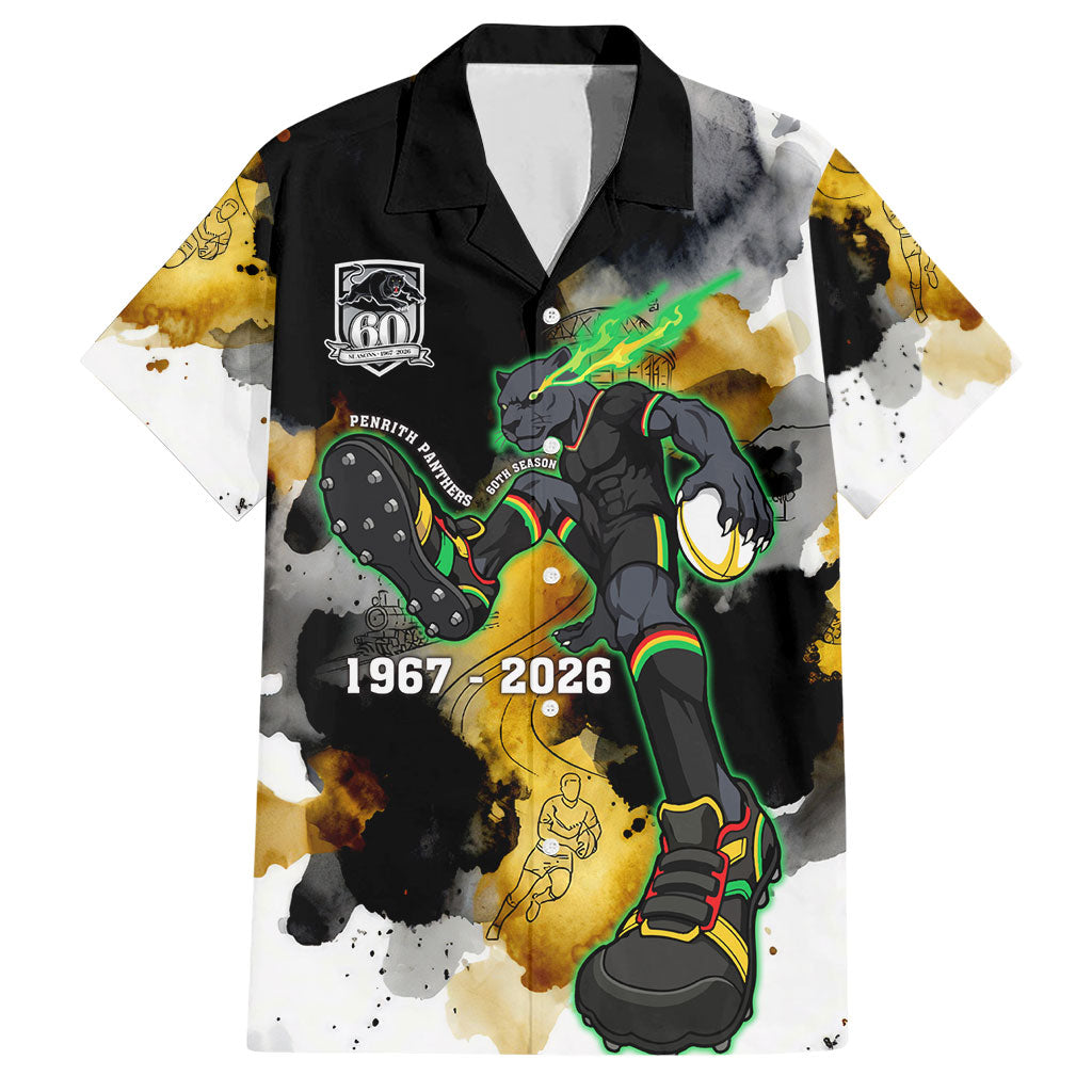 Personalised Penrith Panthers 1967-2026 Hawaiian Shirt Panther Mascot 60th Anniversary - Watercolor Splash Art