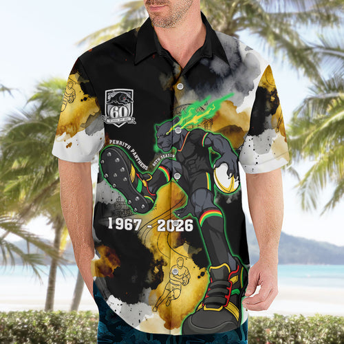 Personalised Penrith Panthers 1967-2026 Hawaiian Shirt Panther Mascot 60th Anniversary - Watercolor Splash Art