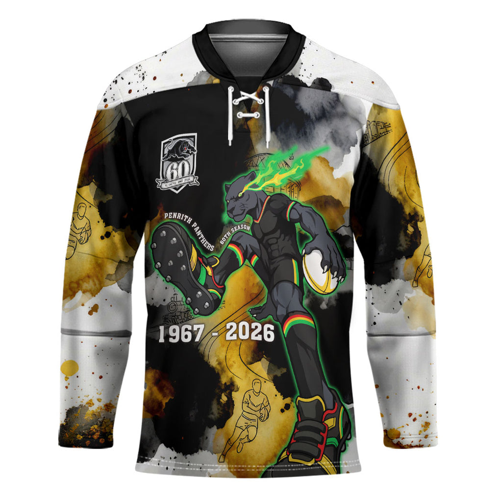 Personalised Penrith Panthers 1967-2026 Hockey Jersey Panther Mascot 60th Anniversary - Watercolor Splash Art