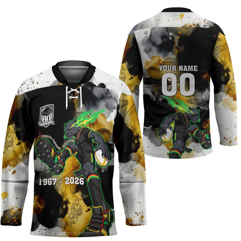 Personalised Penrith Panthers 1967-2026 Hockey Jersey Panther Mascot 60th Anniversary - Watercolor Splash Art