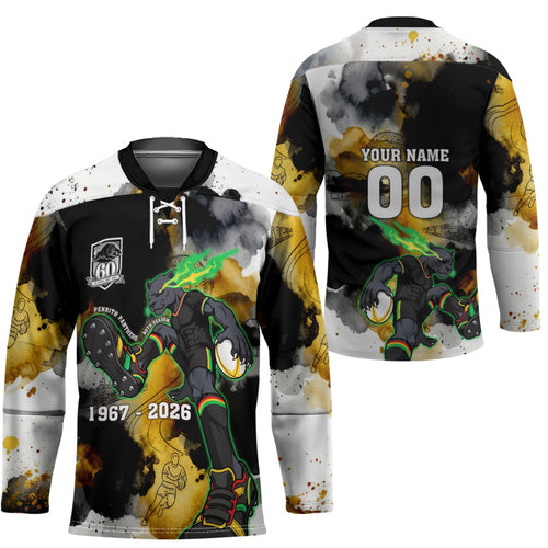 Personalised Penrith Panthers 1967-2026 Hockey Jersey Panther Mascot 60th Anniversary - Watercolor Splash Art