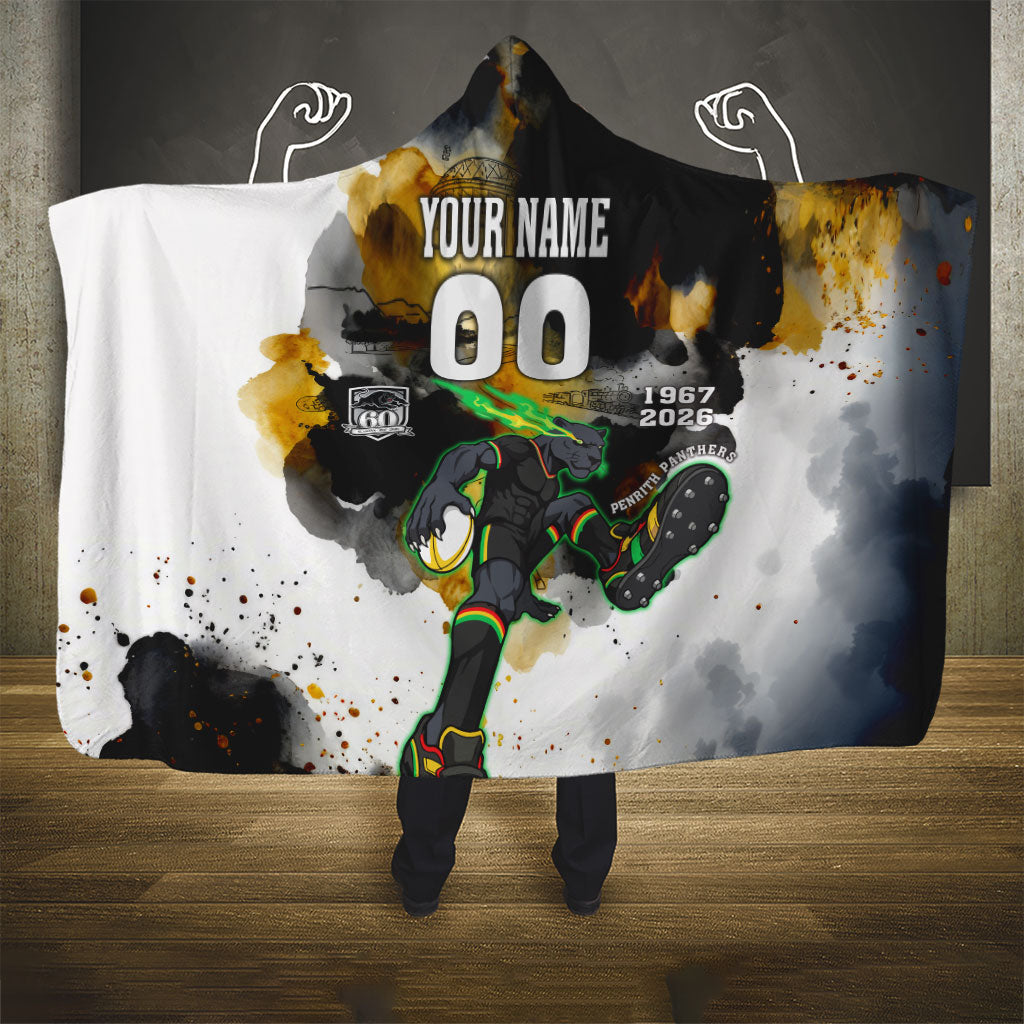 Personalised Penrith Panthers 1967-2026 Hooded Blanket Panther Mascot 60th Anniversary - Watercolor Splash Art