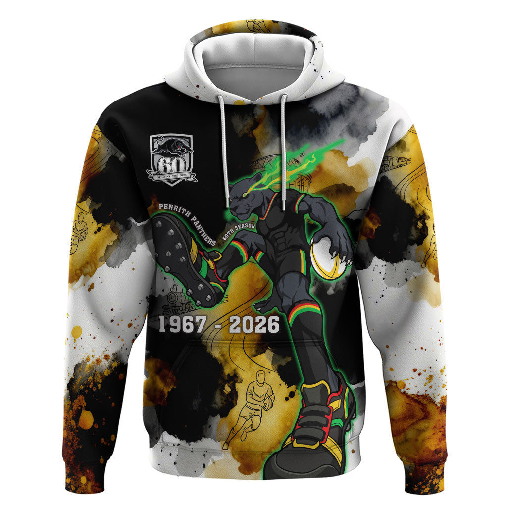 Personalised Penrith Panthers 1967-2026 Hoodie Panther Mascot 60th Anniversary - Watercolor Splash Art