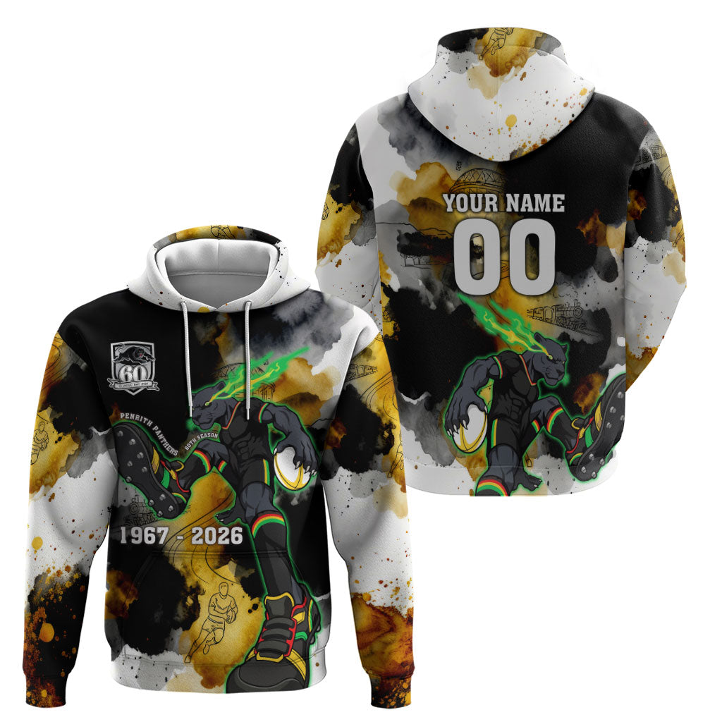 Personalised Penrith Panthers 1967-2026 Hoodie Panther Mascot 60th Anniversary - Watercolor Splash Art