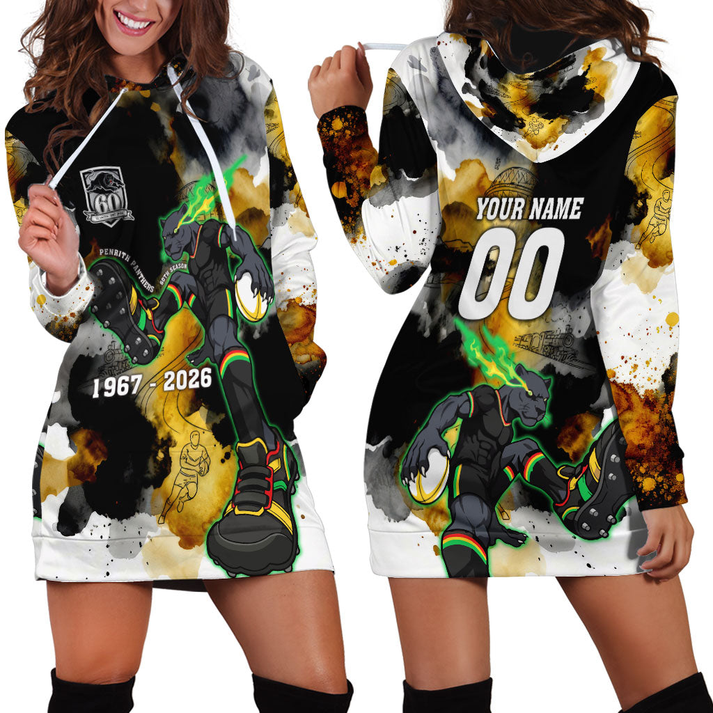 Personalised Penrith Panthers 1967-2026 Hoodie Dress Panther Mascot 60th Anniversary - Watercolor Splash Art