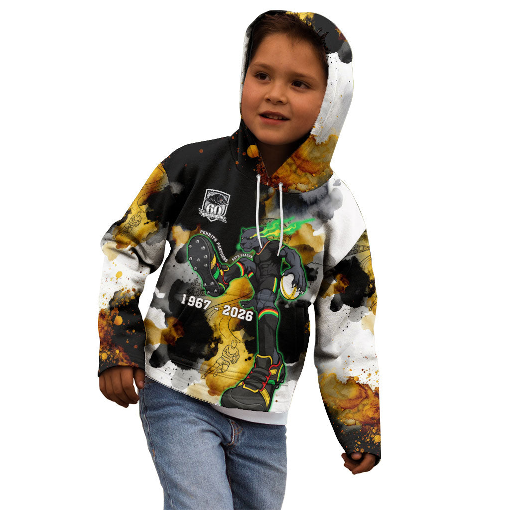 Personalised Penrith Panthers 1967-2026 Kid Hoodie Panther Mascot 60th Anniversary - Watercolor Splash Art
