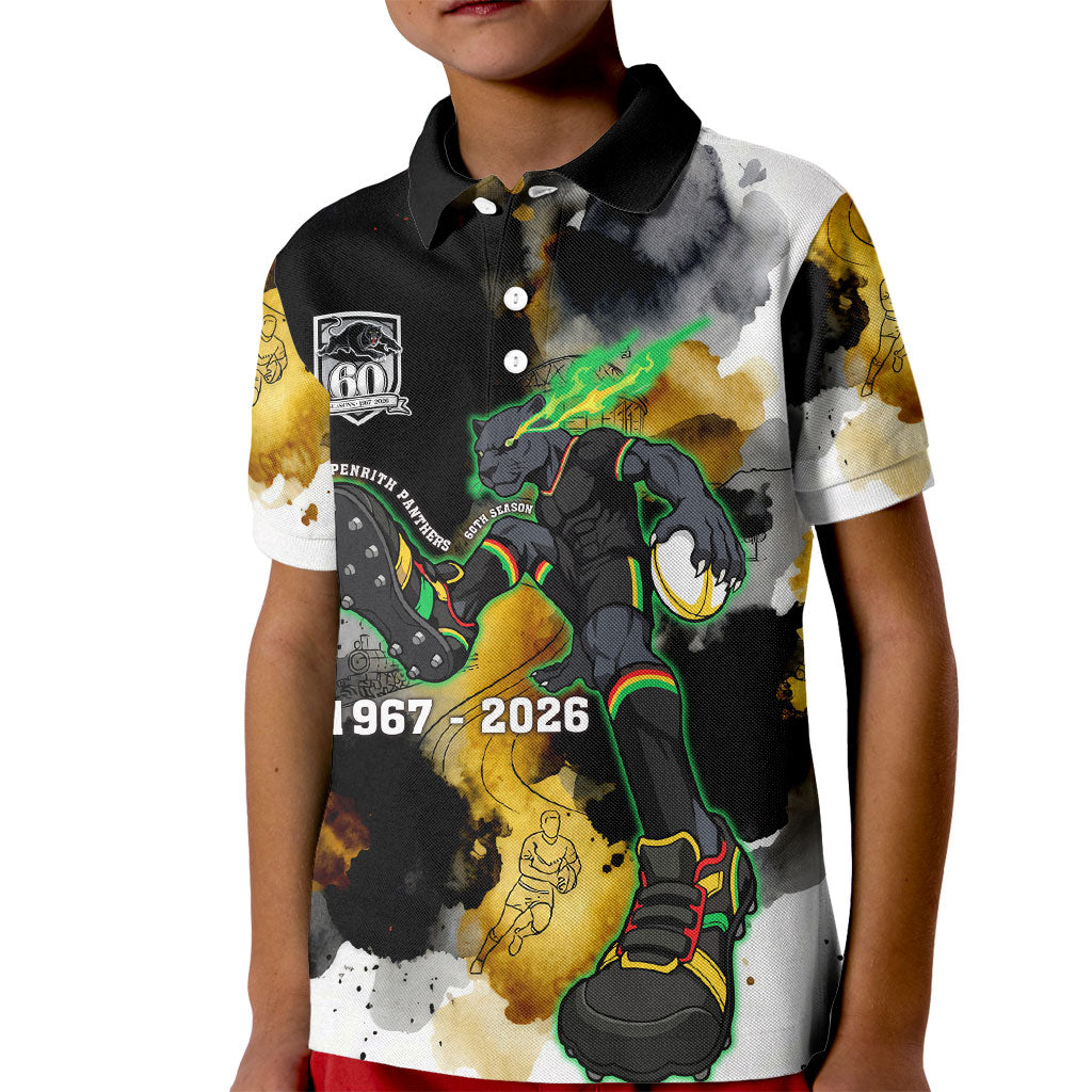Personalised Penrith Panthers 1967-2026 Kid Polo Shirt Panther Mascot 60th Anniversary - Watercolor Splash Art